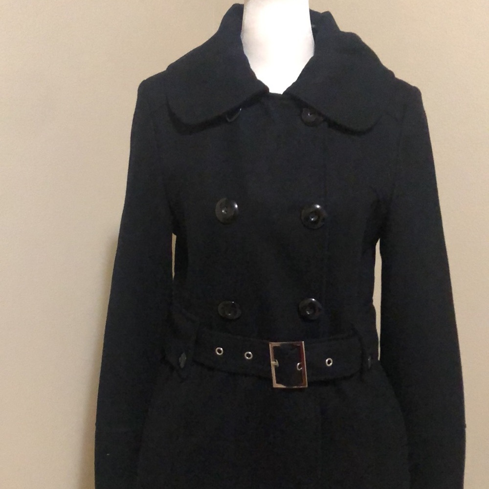 Guess black long coat with belt sz S